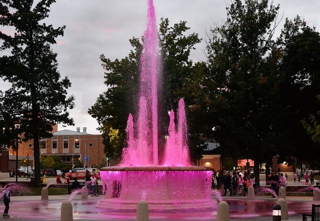 The fountain at East Perry Square was turned pink after the City of Erie's ceremony recognizing Breast Cancer Awareness Month Sept. 28, 2017. [GREG WOHLFORD/ERIE TIMES-NEWS]
