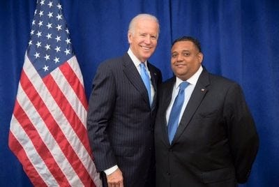 Former Vice President Joe Biden, left, with Brandon Brown, the Democratic nominee for the 4th Congressional District. [PHOTO: BRANDONBROWN.COM]