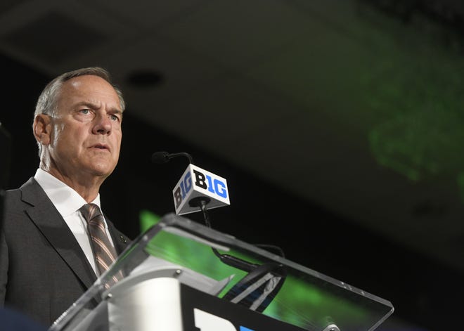 FILE - In this July 24, 2018 file photo Michigan State head coach Mark Dantonio speaks at the Big Ten Conference NCAA college football Media Days in Chicago. It has been an uneven start to the season for the 20th-ranked Spartans, but thereþÄôs one area in which theyþÄôve excelled. Michigan State ranks No. 1 in the country in run defense, and itþÄôs not particularly close. The SpartansþÄô ability to limit teams on the ground has been one of the biggest factors in their success over the past several years, and this season appears to be no different. þÄúWeþÄôre building a wall, weþÄôre not getting knocked off the ball, weþÄôre tackling well,þÄù Dantonio said Tuesday, Oct. 2, 2018. (AP Photo/Annie Rice, file)