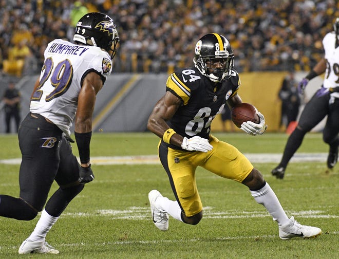 Pittsburgh Steelers WR Antonio Brown (84) runs after making a catch from quarterback Ben Roethlisberger during the first half of a NFL game against the Baltimore Ravens on Sunday. [AP PHOTO/DON WRIGHT]