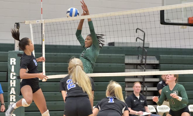 Richard Bland Volleyball's Clara Smith goes for a block at the net in the Statesmen's home match versus Spartanburg. The RBC Statesmen won the match 3-1 on sets of 25-20, 25-20, 24-26 and 25-18. Clara Smith had 16 kills, Harper Smith had 13 kills and Lauryn Basl had 43 assists. The Statesmen (10-4) get a break before hosting Lenoir Community College on Tuesday, Oct. 9 at 6:30 p.m. [Contributed photo]