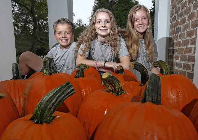 The Howard siblings, from left, Sam, 12, Alex, 14, and Elle, 15, are the creators of Pumpkins Helping People, a nonprofit organization that raises money for the Canal Winchester Community Food Pantry by selling pumpkins. The Canal Winchester family hopes to sell 200 to 300 pumpkins.