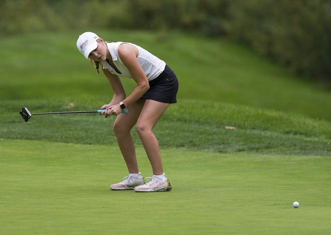 Sewickley Academy's Tatum McKelvey reacts to a near-miss on hole 17 during the WPIAL girls individual championship on Wednesday, Oct. 3, 2018, at the Diamond Run Golf Club in Ohio Township. [Kevin Lorenzi/BCT Staff]
