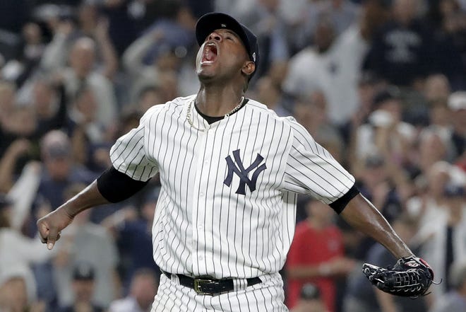 Yankees starting pitcher Luis Severino reacts after striking out the A's Marcus Semien with the bases loaded to end the top of the fourth inning Wednesday. [Frank Franklin II/AP]