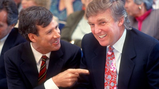 Donald Trump in 1993 shares a laugh with his attorney, Paul Rampell, before the Palm Beach Town Council meeting. Trump was seeking approval from the council to turn Mar-a-Lago into a private club.(Scott Wiseman / The Palm Beach Post)