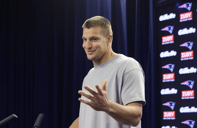 Patriots tight end Rob Gronkowski speaks with reporters on Sept. 26. He's listed as questionable for Thursday night's game against the Colts.