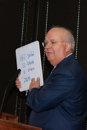 GOP political consultant Karl Rove spoke at the Headliners Club in downtown Austin Tuesday. American politics "are really messed up," he said during his speech. "They’re not going to get better until we change the cast of characters.” [CONTRIBUTED]