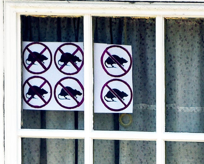 Park Street resident Keith Derusha has put a sign on his front door keeping track of the rats he has shot and wounded in his yard with a BB gun. The city of Dover received 44 complaints this year as of the end of September. [Deb Cram/Fosters.com, file]