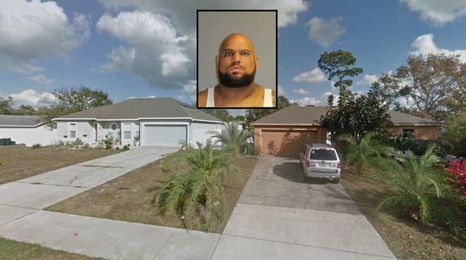 Gregory Castellanos (inset), of 1738 Howland Blvd. (brown house on the right), was arrested after confronting and shooting into the home of his neighbor at 1732 Howland Blvd. (light gray house on the left) on Thursday, Oct. 4, 2018. [Google Maps street view]