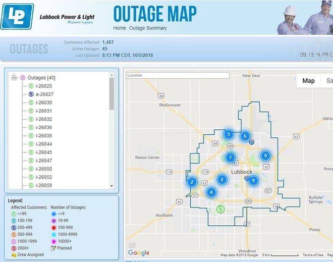The Lubbock Power & Light outage map as of 8:10 p.m. Friday.