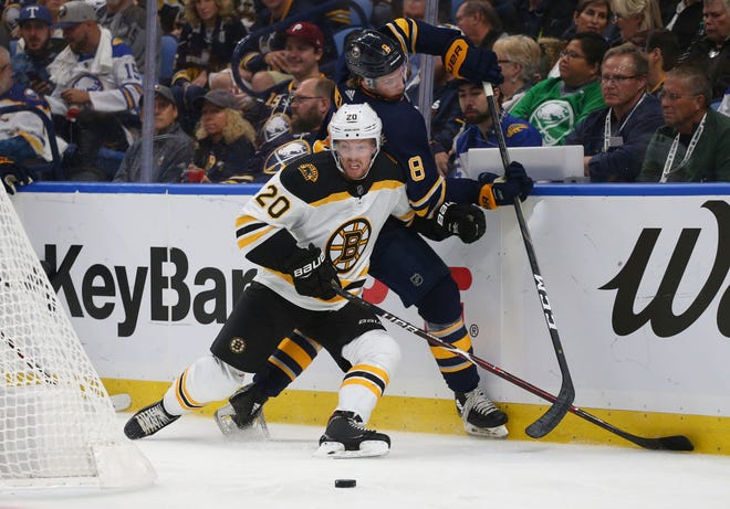 Buffalo Sabres defenseman Casey Nelson (8) is checked by Boston Bruins forward Joakim Nordstrom (20) during the second period of an NHL hockey game Thursday, Oct. 4, 2018, in Buffalo N.Y. (AP Photo/Jeffrey T. Barnes)