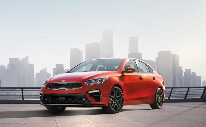 The 2019 Kia Forte has been redesigned to have a long hood, a short rear deck and other design elements from the high-performance Stinger. [Kia]