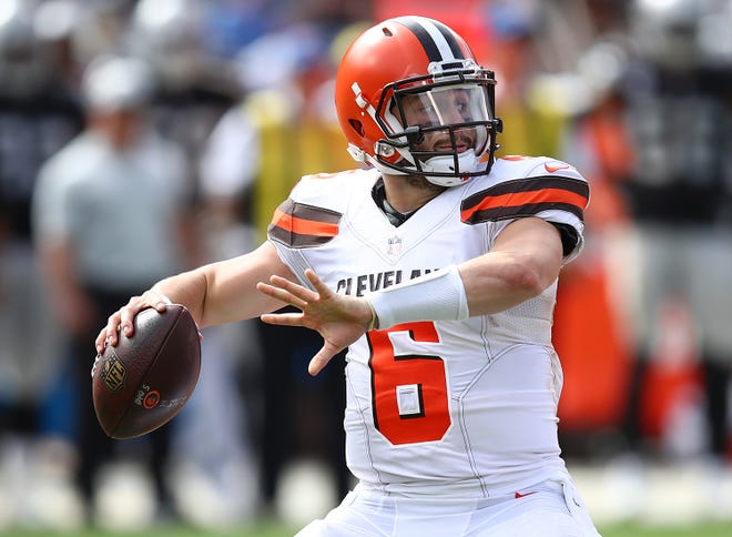 FILE - In this Sunday, Sept. 30, 2018, file photo ,Cleveland Browns quarterback Baker Mayfield (6) passes against the Oakland Raiders during the second half of an NFL football game in Oakland, Calif. Mayfield, the top overall pick in this year’s draft will make his first start at home on Sunday as the Browns host the Baltimore Ravens. (AP Photo/Ben Margot, File)
