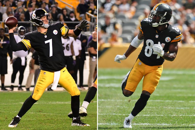 FILE - At left, in a Sept. 30, 2018, file photo, Pittsburgh Steelers quarterback Ben Roethlisberger (7) throws a pass during the second half of an NFL football game against the Baltimore Ravens in Pittsburgh. At right, in a Sept. 16, 2018, file photo, Pittsburgh Steelers wide receiver Antonio Brown (84) is shown during an NFL football game against the Kansas City Chiefs, in Pittsburgh. Expected to be playoff contenders, Atlanta (1-3) and Pittsburgh (1-2-1) are reeling a month into the season thanks to injuries and poor defensive play, leaving the door open for a shootout between Steelers quarterback Ben Roethlisberger and counterpart Matt Ryan. (AP Photo/File)