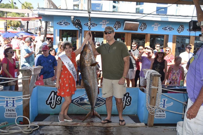 This large amberjack hit the docks of the 70th annual Destin Fishing Rodeo on Sunday. The Rodeo will be shut down Tuesday and Wednesday because of Hurricane Michael. [TINA HARBUCK/THE LOG]