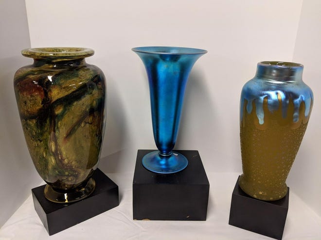 Some of the more than 100 pieces of authentic Frederick Carder Steuben glass, owned by the late Bob Rockwell, that will be auctioned Friday. [PROVIDED]