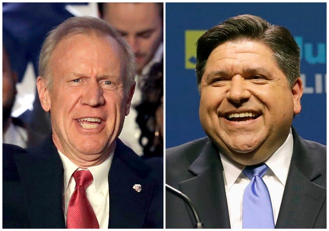 This combination of March 20, 2018, file photos shows Illinois Republican Gov. Bruce Rauner, left, and J.B. Pritzker, his Democratic challenger in the November election. (AP Photo/File)