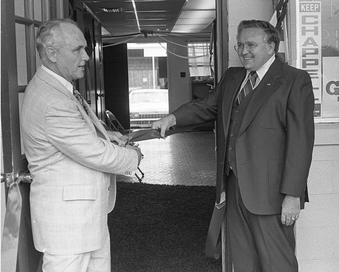 Democratic candidate for governor Andrew Gillum was only the latest in a long line of Sunshine State politicians to visit Flagler County. Above, U.S. Rep. Bill Chappell, left, cuts the ribbon to open Flagler County Democratic Headquarters with the aid of state Sen. Edgar Dunn in this October 1978 photo. [Flagler County Historical Society]