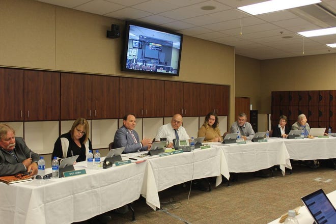 Shown during the Oct. 2 College of the Siskiyous Board of Trustees meeting at the Yreka campus are, left to right, right: Greg Hanna, Sheila Grimes, Stephen Schoonmaker, Alan Dyar, Mikayla Hocker, Barry Ohlund, Kathy Koon, and Jim Hardy.