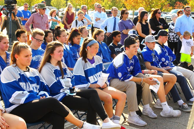 Varsity girls and boys hockey players attend a groundbreaking for the Petersen Pool and Rink at Braintree High School, Wednesday, Oct. 10, 2018.Gary Higgins/The Patriot Ledger
