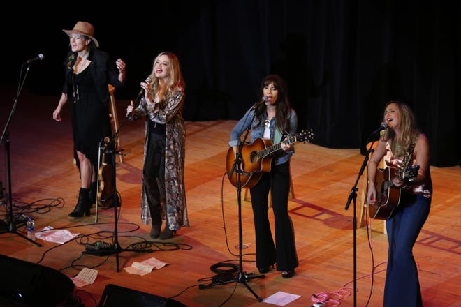 Farewell Angelina members Nicole Witt, Andrea Young, Lisa Torres and Ashley Gearing entertain the audience during the Civic Music performance Thursday at Memorial Auditorium. Burlington Civic Music Association's next concert is Nov. 8, when Sybarite5 performs. [John Lovretta/thehawkeye.com]