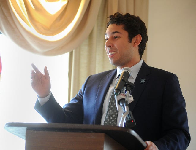 Mayor Jasiel Correira talks about how well the city has been doing in the past 2 years at the Bristol County Chamber of Commerence State of Business Meeting 2018, in Fall River. April 4, 2018. [Herald News Photo|Dave Souza]