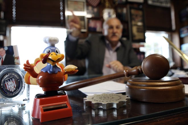A turkey toy is displayed on the desk of Johnston Mayor Joseph Polisena.

[The Providence Journal/Bob Breidenbach]