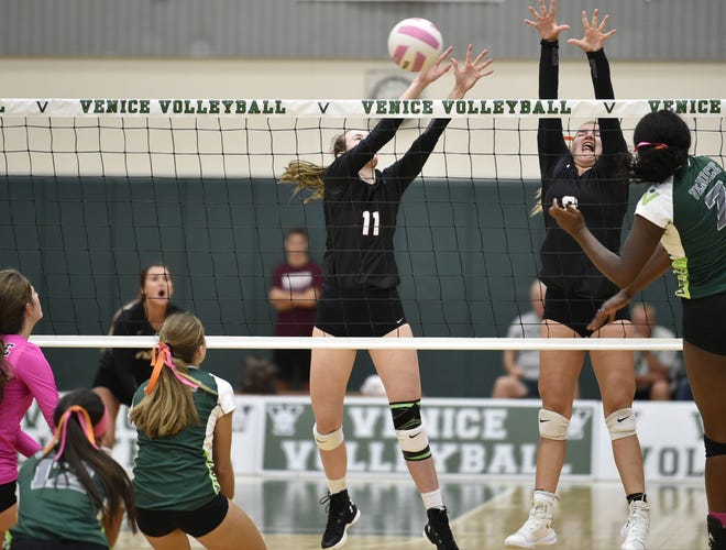 The Venice Indians won 3-1 over the Riverview Rams in front of a nearly packed Teepee on Wednesday night, October 3, 2018, Score was 25-19, 19-25, 25-22, 25-13. [Herald-Tribune staff photo / Thomas Bender]