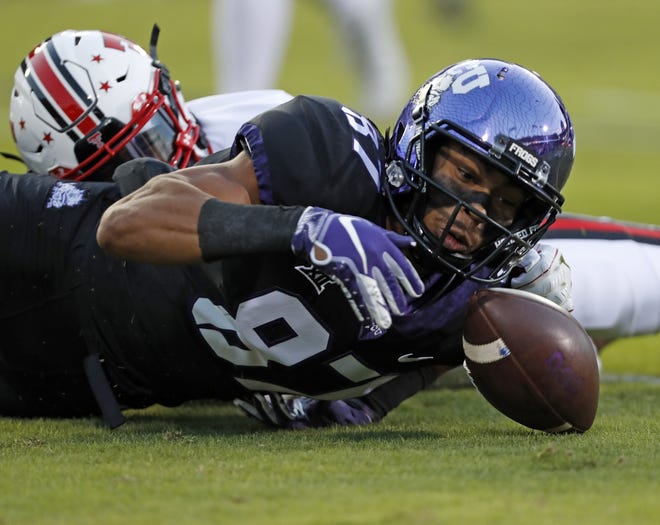 TCU's TreVontae Hights (87) reaches out to recover a fumble during the first half of an NCAA college football game against Texas Tech, Thursday, Oct. 11, 2018, in Fort Worth, Texas. (Brad Tollefson/Lubbock Avalanche-Journal via AP)