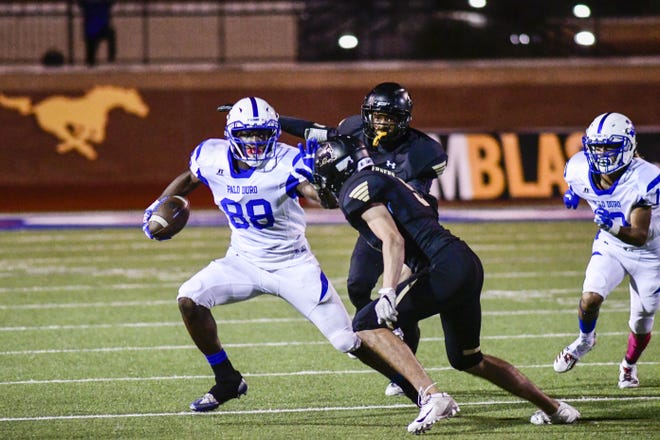 Palo Duro's Jerimiah Patterson (88) runs the ball againt Lubbock High last Friday at PlainsCapital Park-Lowrey Field in Lubbock. [Justin Rex/A-J Media]