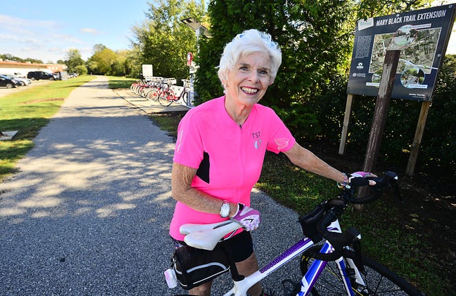 Over a year ago, Katherine Jeter of Spartanburg wondered if she'd ever be able to ride a bike again after a ski crash. Now, she's planning to ride 444 miles for her 80th birthday to raise money for a Spartanburg charity. [ALEX HICKS JR./Spartanburg Herald-Journal]