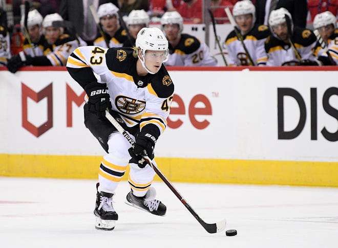 Boston Bruins center Danton Heinen (43) skates with the puck during the first period of an NHL hockey game against the Washington Capitals, Wednesday, Oct. 3, 2018, in Washington. (AP Photo/Nick Wass)