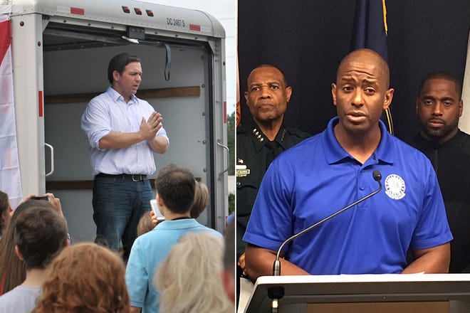 Ron DeSantis, left, combined a campaign stop for supporters Wednesday with a collection drive for water and canned goods for those in need after Hurricane Michael. Andrew Gillum speaks during a briefing on Hurricane Michael in Tallahassee Wednesday. [AP photos]