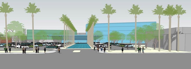 This rendering presented to the Volusia County Council in 2017 shows how a future five-story courthouse building and an adjacent four-story county office building on Beach Street could look. However, these plans aren't final yet and the council wants to have another discussion Tuesday to determine whether or not they move forward. [Image courtesy of Volusia County]