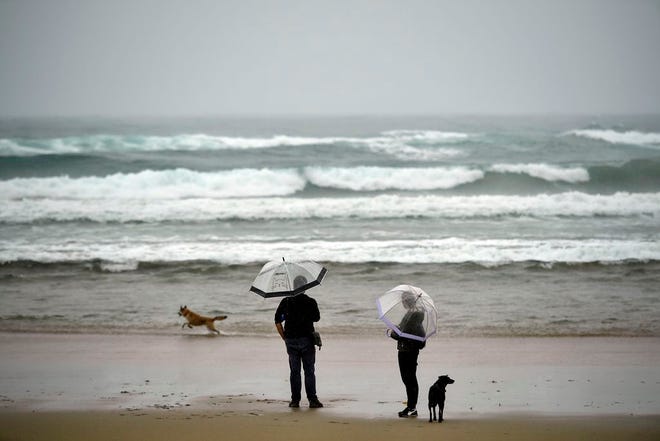 People walk their pets at Zurriola beach, in San Sebastian, northern Spain, Sunday, Oct. 14, 2018. A weakened hurricane Leslie slammed into the coast of Portugal, leaving 27 people injured as it uprooted trees, brought down power lines and smashed store windows with gusting winds and heavy rain.