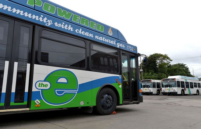 An Erie Metropolitan Transit Authority bus is shown at the EMTA garage in Erie on Sept. 25. [CHRISTOPHER MILLETTE/ERIE TIMES-NEWS]