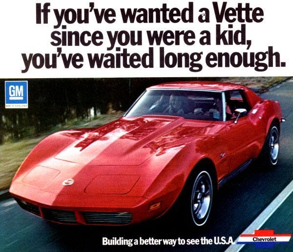 Advertisement for a 1975 Corvette L-48, known for its low horsepower of just 165-horses. [Chevrolet]