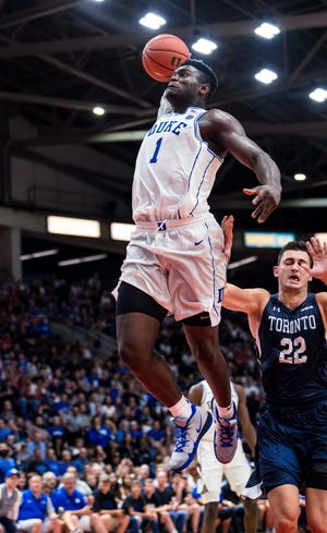 Zion Williamson averaged 29.7 points and was the team’s leading rebounder at 11.3 per game on Duke's three-game tour of Canada in August. He led Spartanburg (S.C.) Day School to three consecutive state titles. [Duke Athletics photo]