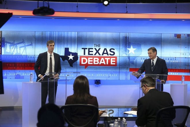 U.S. Rep. Beto O'Rourke, D-El Paso, left, faces U.S. Sen. Ted Cruz in debate at the KENS 5 Studios in San Antonio on Oct. 16, 2018. Tom Reel/POOL/San Antonio Express-News
