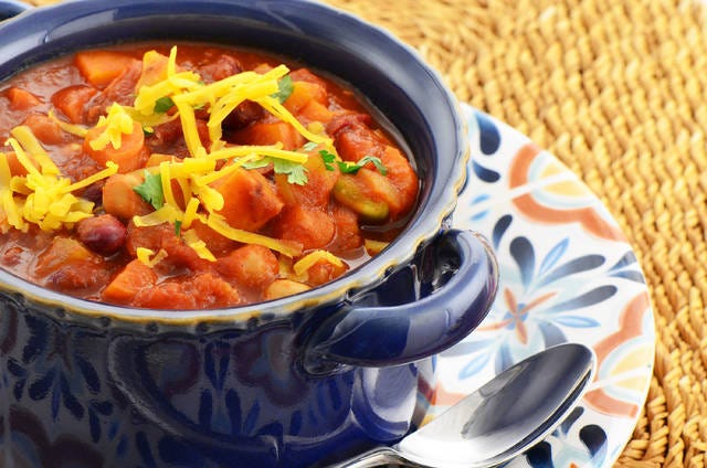 Nutritious vegetarian chili full of tomato, beans, peppers, sweet potato and corn. Contributed photo