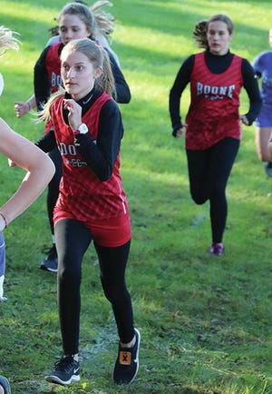 Greta Aspengren (23:56.7), Emma Anderson (27:32.5) and Megan Reutter (27:51.2) competed for the Boone girls’ cross-country team during last week’s Raccoon River Conference meet at Adel. Photo by Andrew Logue/News-Republican