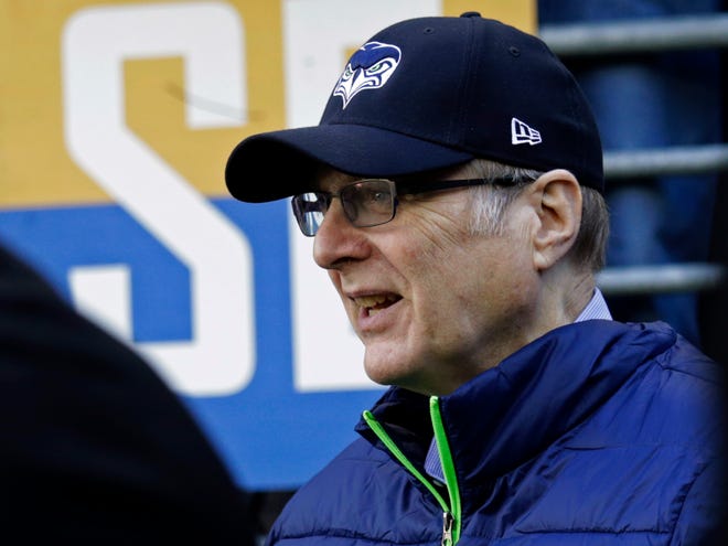 Seattle Seahawks owner Paul Allen stands near the field before a Dec. 31 game against the Arizona Cardinals in Seattle. [AP Photo/John Froschauer, 2017]