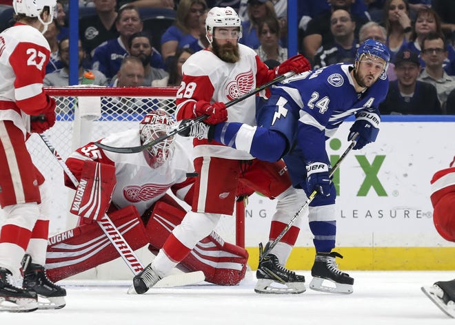 Tampa Bay Lightning's Ryan Callahan is defended against by Detroit Red Wings' Luke Witkowski in front of goaltender Jimmy Howard during the first period of an NHL hockey game Thursday, Oct. 18, 2018, in Tampa, Fla. (AP Photo/Mike Carlson)