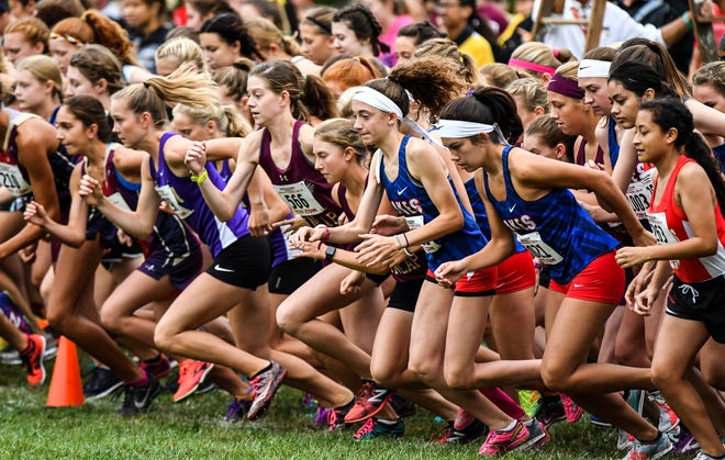 RON JOHNSON/JOURNAL STAR Girls in Class 2A race of the First to the Finish Invitational, jump at the start of Saturday's race at Detweiller.