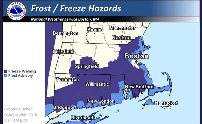 The National Weather Service posted this graphic, noting that cold conditions overnight could kill sensitive vegetation and damage unprotected outdoor plumbing. Purple represents a freeze warning. Blue represents a frost advisory.