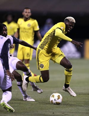 Columbus Crew forward Gyasi Zerdes #11 battles for the ball during the first half of the Major League Soccer game between Columbus Crew SC and Philadelphia Union at the Mapfre Stadium on Saturday, Sept. 29, 2018.