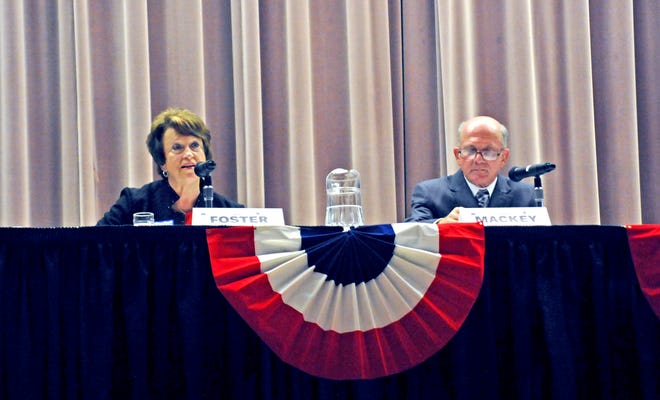 Commissioner candidates Becky Foster and Rodney E. Mackey at a recent candidates night.