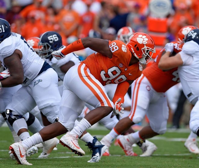 Clemson's Clelin Ferrell (99) rushes into the backfield during the first half against Georgia Southern. Ferrell was named to The Associated Press Midseason All-America team this week.