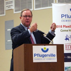 U.S. Rep. Bill Flores, R-Bryan, speaks to business leaders Nov. 8, 2016, at a Pflugerville Chamber of Commerce luncheon. Photo by Nicole Barrios