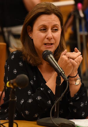 During citizen input time, Dawn Charette announces an effort to recall Mayor Jasiel Correia during a special City Council meeting Tuesday, October 16, 2018 in Fall River. [Herald News File Photo | Jack Foley]